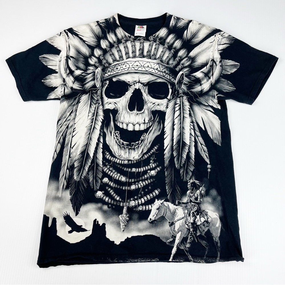 Native American Indian Skull Skeleton Headdress Graphic T Shirt Top S/M